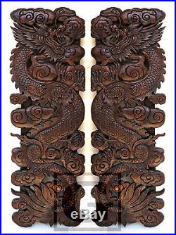 1 pair Twin Dragon Wood Carving Home Wall Panel Mural Decor Art Statue FS gtahy