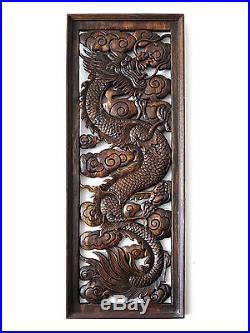 1 pair of Twin Dragons Wood Carving Home Wall Panel Mural Decor Art Statue gtahy