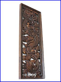 1 pair of Twin Dragons Wood Carving Home Wall Panel Mural Decor Art Statue gtahy