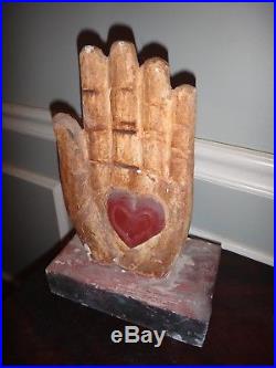 12 Heart In Hand Sculpture Staff Topper Carved Wood HIgh Relief Odd Fellows