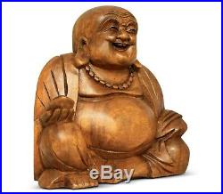 12 Large Hand Carved Wooden Laughing Smiling Buddha Happy Statue Sculpture Wood