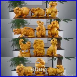 12 Pcs New Boxwood Carved Chinese Zodiac Year Netsuke Figurines Animals Statues