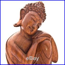 12in Leaning Buddha wood carved sculpture statue Meditation Bali art