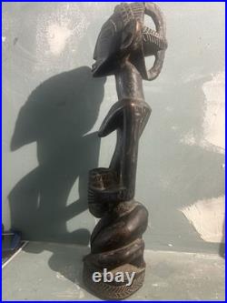 14 African style Hand Carved Wooden Kneeling Woman Figure Holding Pot Tribal