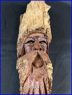 14Vintage Hand Carved Wood Tree Spirit Folk Art Sculpture Signed Lore 87 Face