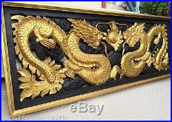 15 x 39 Rectangle Dragon Wood Carving Home Wall Panel Mural Art Decor Sculpture