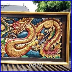 15x39 Rectangle Red Dragon Phoenix Wood Carving Home Wall Sculpture Panel Decor