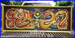 15x39 Rectangle Red Dragon Phoenix Wood Carving Home Wall Sculpture Panel Decor
