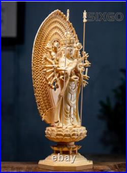 16.5in Thousand Hands Guanyin Wood Carved Figure Buddha Statue Decoration