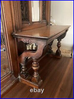 1870's English Gothic Revival Sideboard w 5 Beveled Mirrors, Cellarette, Carving