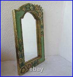 19 Antique carved WOODEN mirror with flowers ART carving OLD green & GOLD PAINT