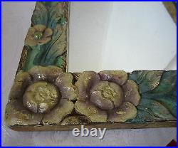 19 Antique carved WOODEN mirror with flowers ART carving OLD green & GOLD PAINT