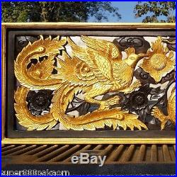 19 x35 Rectangle Dragon Phoenix Wood Carving Home Wall Panel Art Decor Sculpture