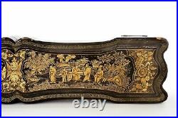 1900's Chinese Gilt Lacquer Wood Carved Carving Fan Case Box Painted Silk Lining