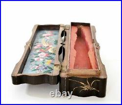1900's Chinese Gilt Lacquer Wood Carved Carving Fan Case Box Painted Silk Lining