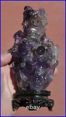 1930's Chinese Amethyst Quartz Carved Carving Boys Figure Vase Wood Stand