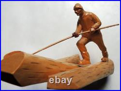 1957 Wood Carving LAURENT FORTIN St Jean Port Joli Quebec Canada Man on Raft ART