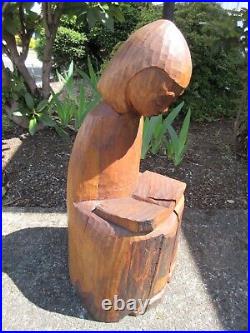 1963 MCM AMERICAN CARVED WOOD SCULPTURE CHILD GIRL READING BOOK signed ZIEMER