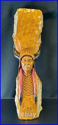 1992 Wood Indian Sculpture by Arlo Furniss Warbonnet Hand Carved