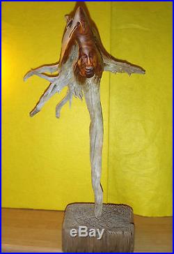 1993 George Beach Native American Indian Boy And Eagle Wood Carving Sculpture