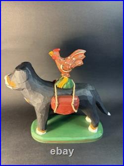 1997 Hand Carved and Painted Wood Folk Art Dog & Chicken By 7 Jonathan Bastian