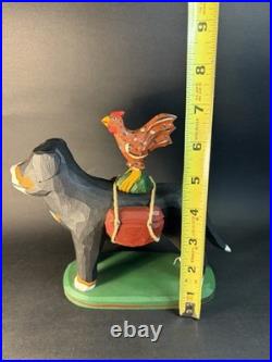 1997 Hand Carved and Painted Wood Folk Art Dog & Chicken By 7 Jonathan Bastian