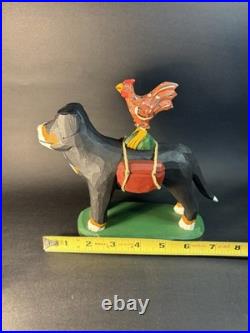 1997 Hand Carved and Painted Wood Folk Art Dog & Chicken By 7 Jonathan Bastian