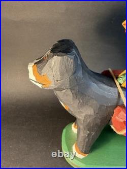 1997 Hand Carved and Painted Wood Folk Art Dog & Chicken By 7 Jonathan Bastian