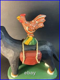 1997 Hand Carved and Painted Wood Folk Art Dog & Chicken By 7 Jonathan Bastian