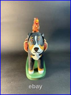 1997 Hand Carved and Painted Wood Folk Art Dog & Chicken By 7 Jonathan Bastian