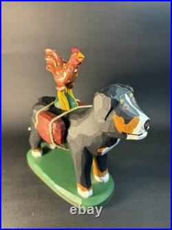 1997 Hand Carved and Painted Wood Folk Art Dog & Chicken By 7 Jonathan Bastian
