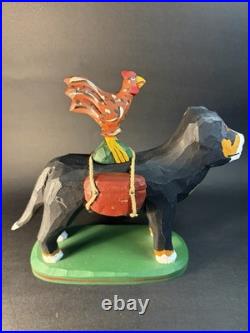 1997 Hand Carved and Painted Wood Folk Art Dog & Chicken By 7 Jonathan Bastian