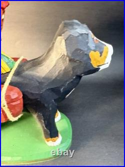 1997 Hand Carved and Painted Wood Folk Art Dog & Chicken By 7 Jonathan Bastian