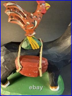 1997 Hand Carved and Painted Wood Folk Art Dog & Chicken By 7 Jonathan Bastian