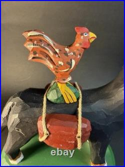 1997 Hand Carved and Painted Wood Folk Art Dog & Chicken By 7 Jonathan Bastian