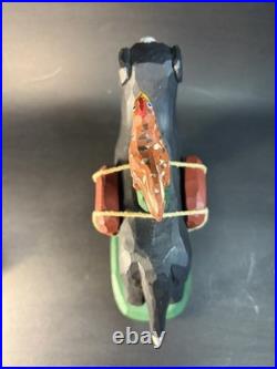 1997 Hand Carved and Painted Wood Folk Art Dog & Chicken By 7 Jonathan Bastian