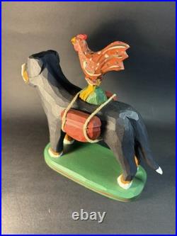 1997 Hand Carved and Painted Wood Folk Art Dog & Chicken By 7 Jonathan Bastian