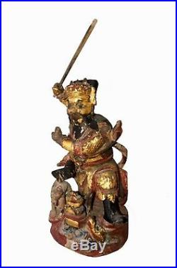 19C Chinese Wood Carved Deity or Seated Marshall Figure Sculpture (RgR)