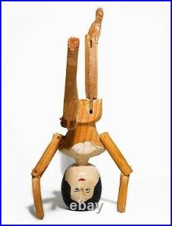 19th C American Antique Folk Art Hand Carved Painted Kinetic Hinged Wooden Doll
