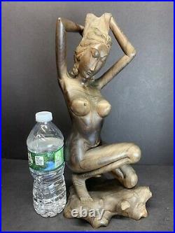 19th C. Nude Girl Statue Sculpture Abstract Hand Carved Hardwood Mas Bali Art