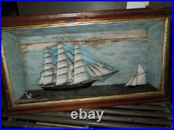 19th c American, Ship Diorama, Nautical Wood Carving, 19 x 35