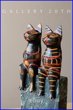 2 Cute! Mexican Folk Art Cat Sculptures! Vtg Art Wood Pair Polychrome Black 50's