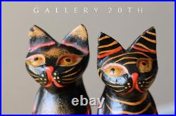 2 Cute! Mexican Folk Art Cat Sculptures! Vtg Art Wood Pair Polychrome Black 50's