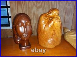 2 Old or Antique Asian Balinese Female Wood Carvings Mid Century Modern