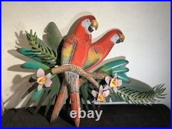 2 Red Parrots Hand Carved In Hibiscus Tree Wood & Metal 40 X 30 X 4 Rare