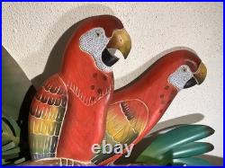 2 Red Parrots Hand Carved In Hibiscus Tree Wood & Metal 40 X 30 X 4 Rare