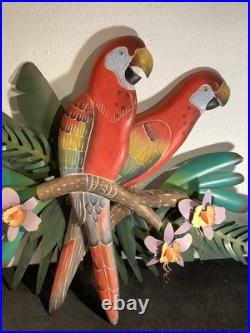 2 Red Parrots Hand Carved In Hibiscus Tree Wood & Metal 40 X 30 X 4 Rare
