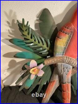 2 Red Parrots Hand Carved In Hibiscus Tree Wood & Metal 40 X 30 X 4 Rare