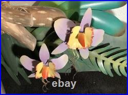 2 Red Parrots Hand Carved In Hibiscus Tree Wood & Metal 40 X 30 X 4 Rare