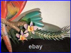 2 Red Parrots Hand Carved In Hibiscus Tree Wood & Metal 40 X 30 X 4 Rare